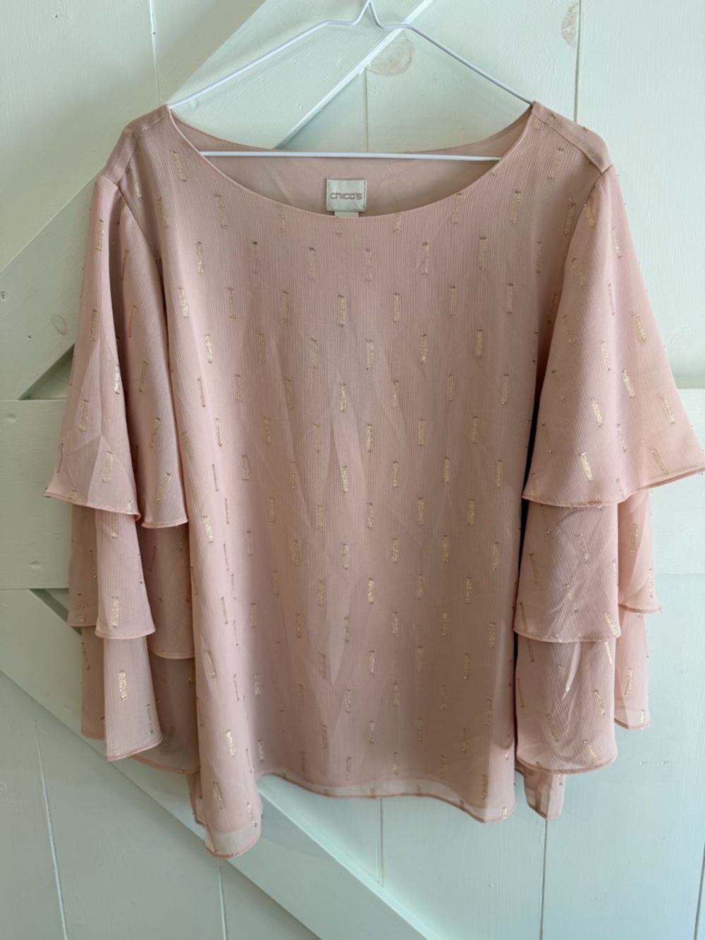 NWT Chico's Size 2 Blush Pink Metallic Tiered Bell Sleeve Chiffon Blouse Large‎